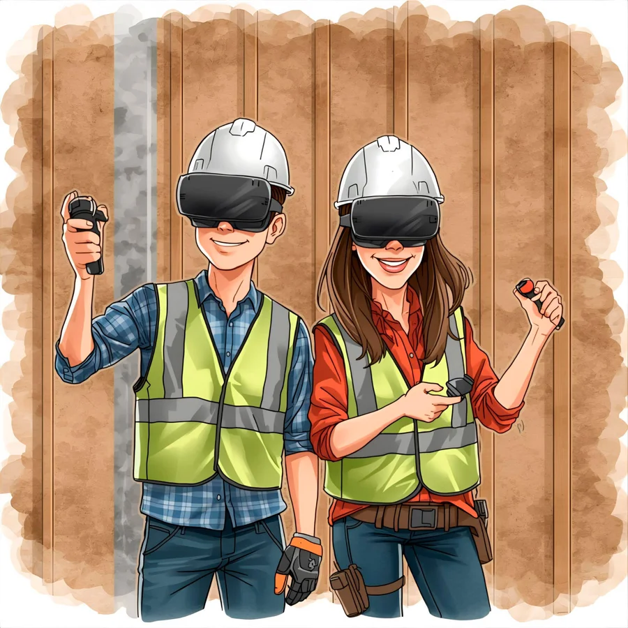 Alumnos con gafas de realidad virtual en formación de instalación de placa de yeso